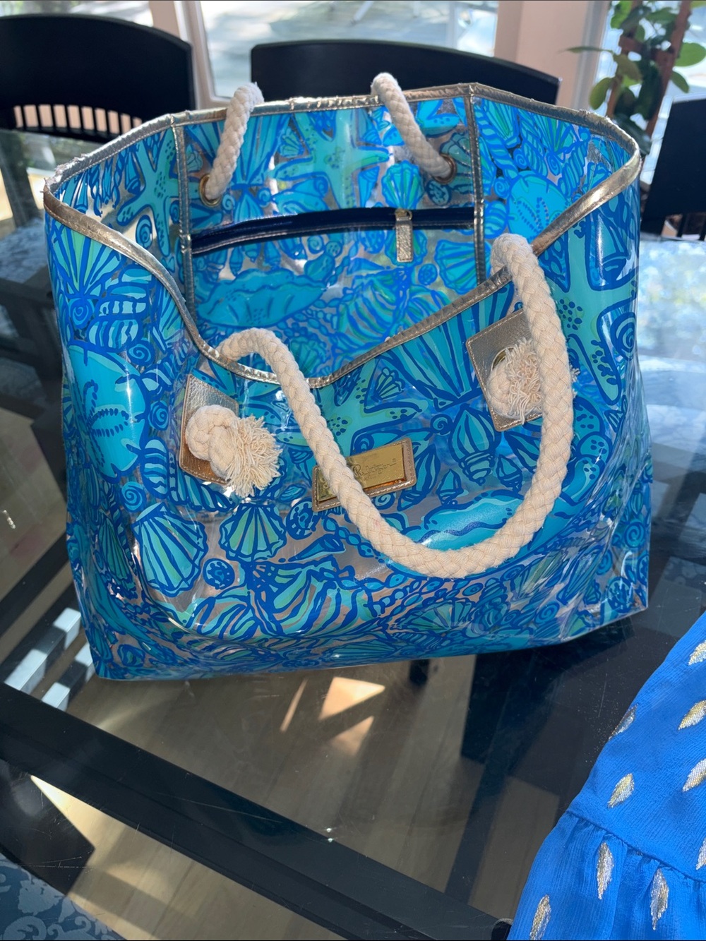 Lilly Pulitzer Blue Floral Shell Tote with Rope Handles